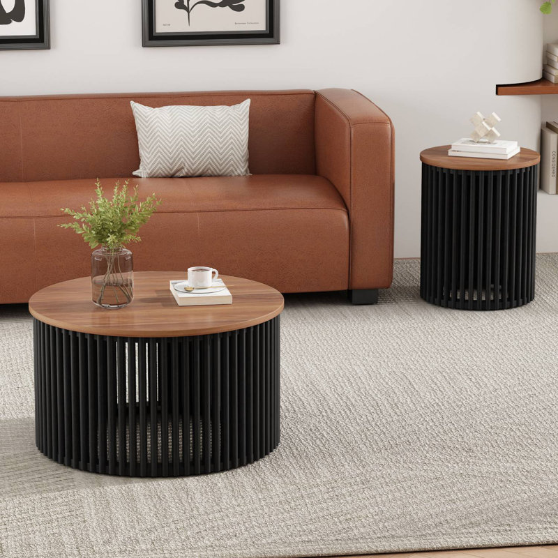 2-Piece Round Solid Wood Coffee Table Set