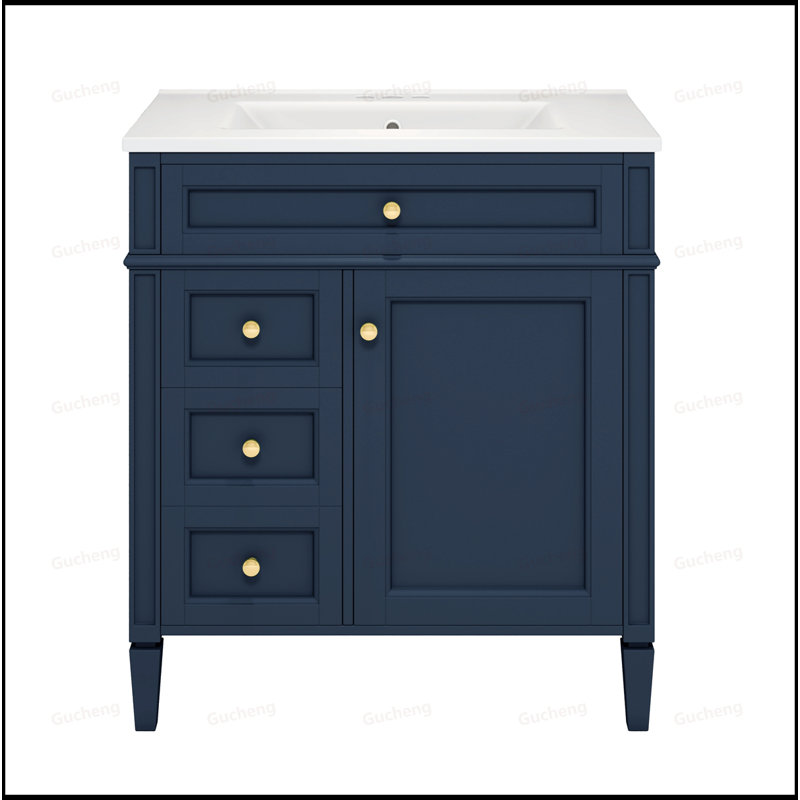Meuble-lavabo à poignée dorée 30 po avec tiroir basculant et lavabo, Bleu marine/doré
