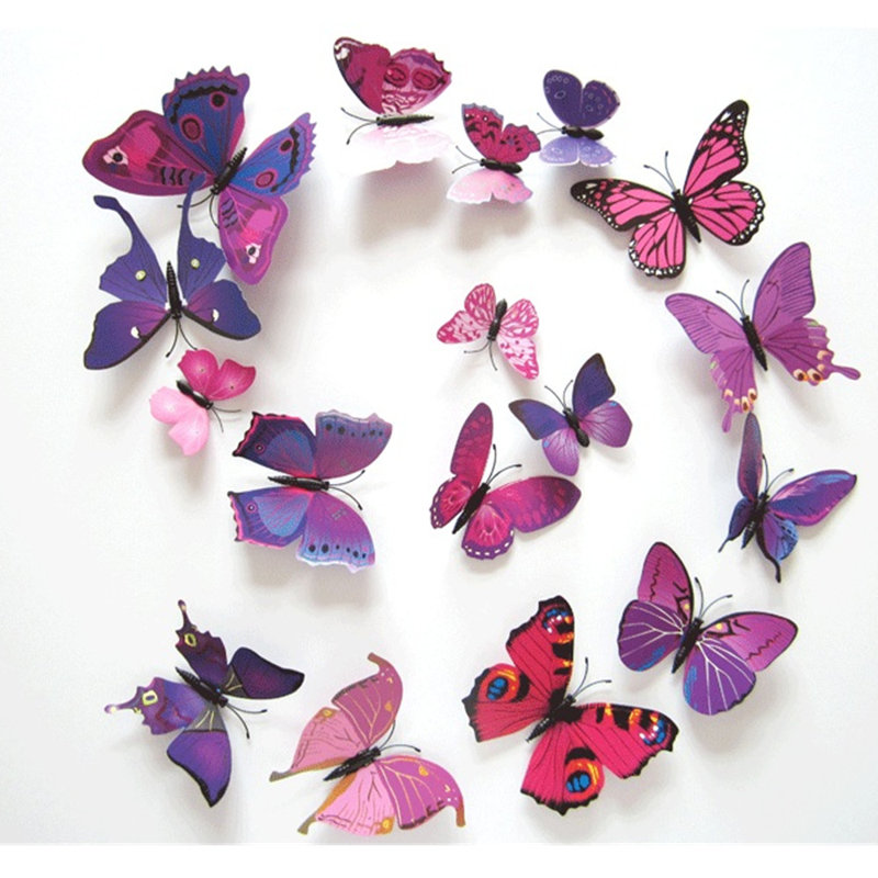 TRIXES 3D Butterfly Wall Decorations – 12 Pack - Purple/Pink - Magnetic & Adhesive – Assorted Sizes