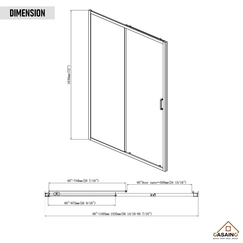 Porte de douche coulissante simple encadrée l 60 "x H 72", Nickel brossé