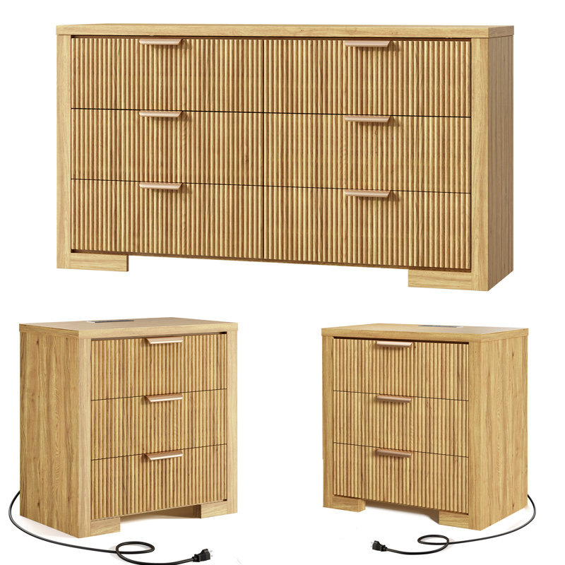 3 Pcs Bedroom Set- Dresser And Nightstand Sets For Bedroom, Modern Fluted 6-Drawer Dresser & 2-Drawer Nightstand Set Of 2