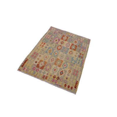 Tapis géométrique beige / orange / rose en laine fabriqué à la main 5 pi x 6 pi 6 po Madee