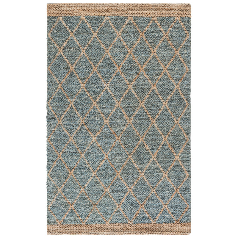 Keyren Natural Fiber Flat Weave Jute/Cotton/Wool Geometric Rug in Blue/Brown, Rectangle 5" x 8"