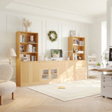 Kitchen Pantry Cabinet With Tempered Glass Doors And Open Shelves, Storage Bookshelf With Drawers (B+E+G+C)