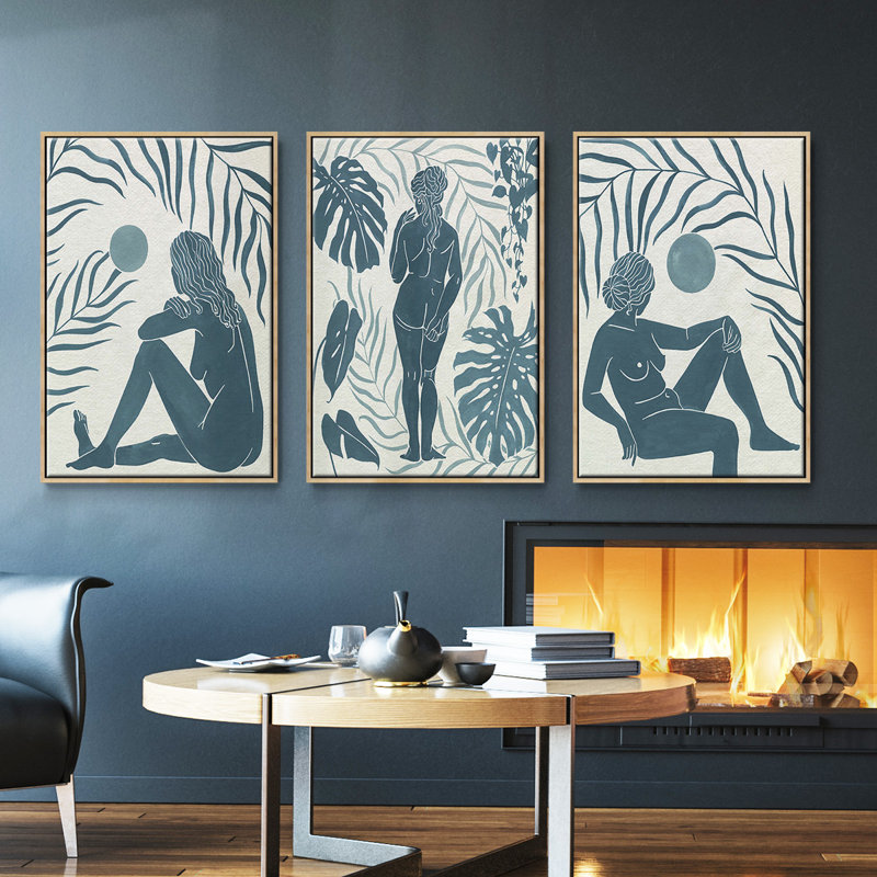 Ensemble de 3 pièces encadrées sur toile Moon Gazer II, Bois naturel, H 40 po x l 78 po