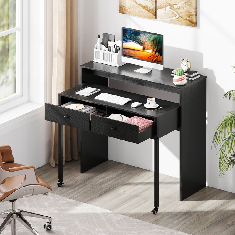 Bureau d'ordinateur extensible 39,5 "avec tablette 2 niveaux et 2 tiroirs, Noir