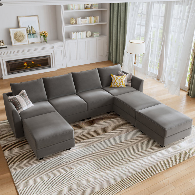 Tremee U Shaped Velvet Modular Sectional Couch for Living Room, Gray Velvet