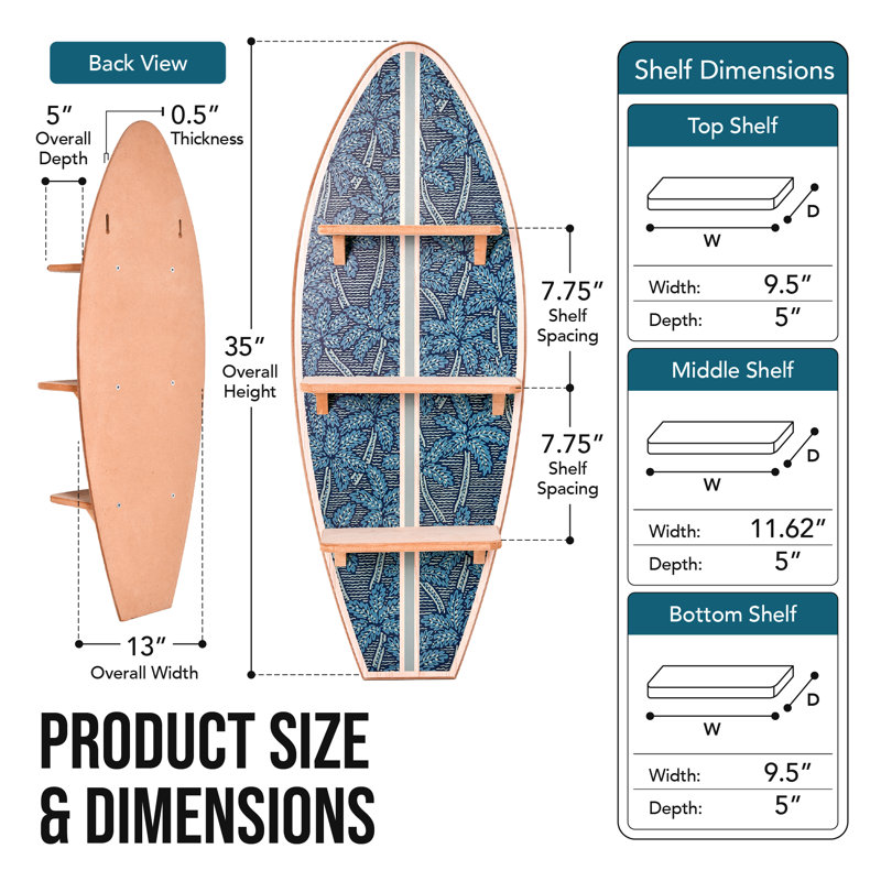 13" x 35" Kona Coast by Reyn Spooner  Electric Palms Surfboard Wall Shelf, Licensed Hawaiian Coastal Beach Wall Decor with Navy Palm Print, Wooden 3-Tier Display Shelf for Living Room, Bedroom & Office