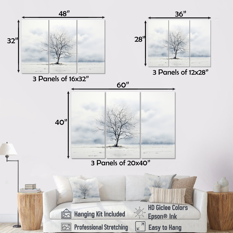 Winters Tree Minimalisme - ensemble d'art mural arbre, H 40 po x l 60 po x P 1 po, Toile tendue