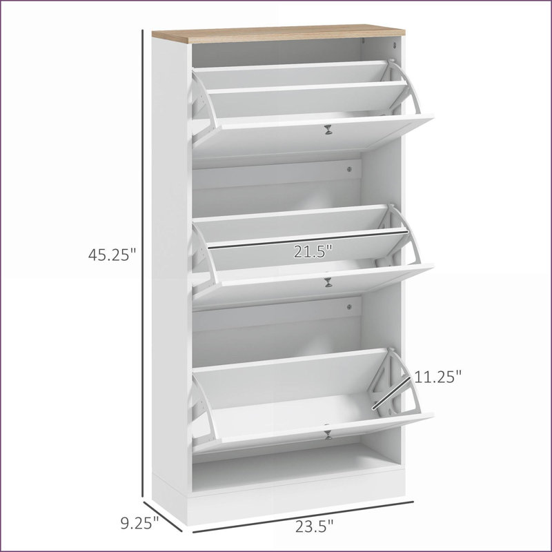 Armoire à chaussures, armoire à chaussures étroite blanche avec 3 tiroirs rabattables, tablettes réglables, peut contenir 18 paires de chaussures | Moderne | Panneau de particules