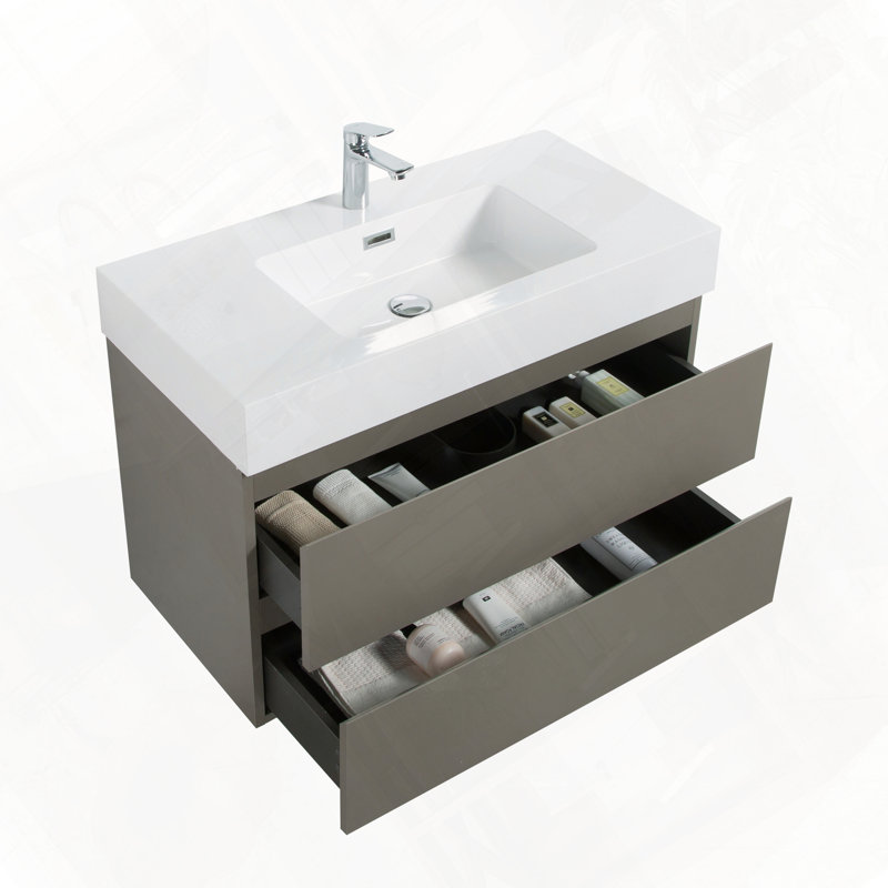 Grand meuble-lavabo flottant mural avec évier pré-assemblé, Gris, 36"
