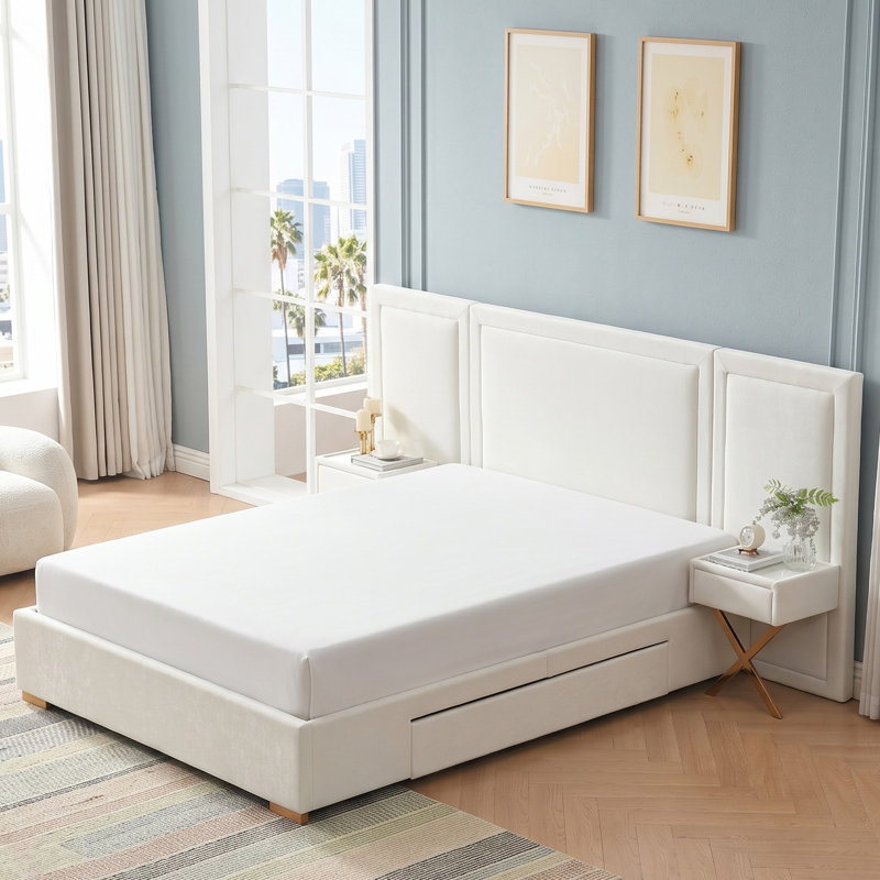 Modern Wide-Panel Upholstered Bed, Queen, White Velvet, White, Queen