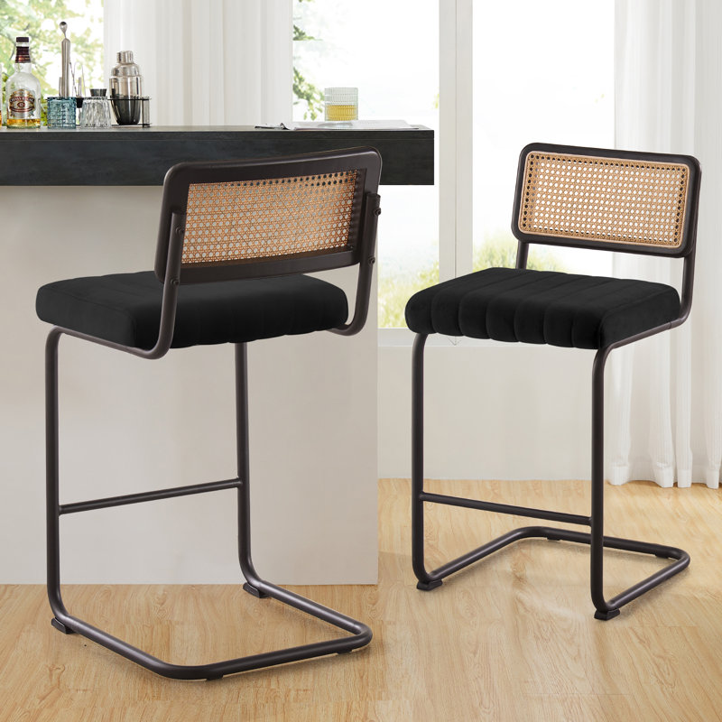 Krystalin Velvet Upholstered Cane Back Stool, Black, Counter Stool (26” Seat Height), Black