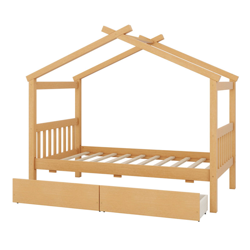 Lit en bois de pin massif avec tiroirs, Naturel