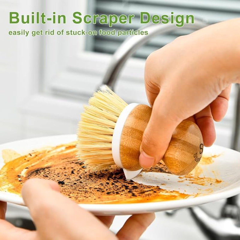 Brosse à vaisselle en bambou, brosse à récurer pour vaisselle de cuisine, brosse à vaisselle en bois naturel pour nettoyer les plats / casseroles / casseroles, grattoir intégré, poils en sisal, 1 ensemble