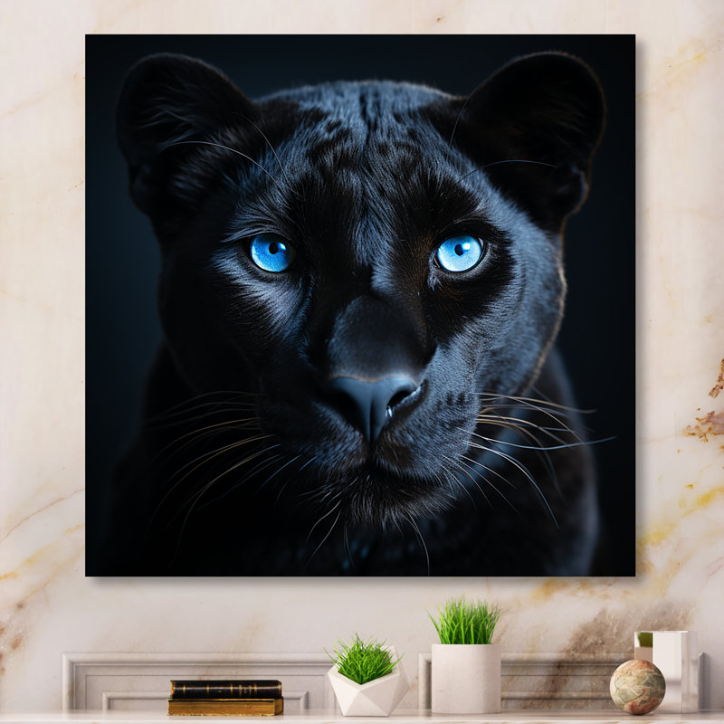 «Blue and Black Panther Portrait II» - art mural animal de panthère, 44" H x 44" W, Toile tendue