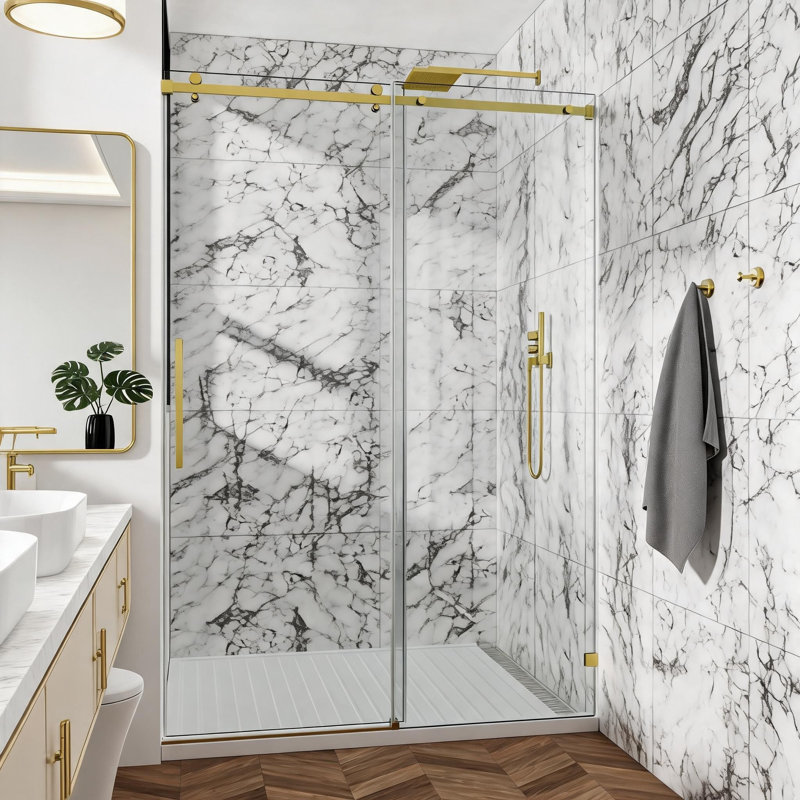 Porte de douche fixe et coulissante en verre transparent, en acier inoxydable doré, avec quincaillerie à tubes carrés, de 152 cm x 193 cm.