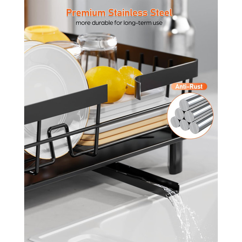 Space-Saving Stainless Steel Dish Drying Rack With Automatic Drainage - Perfect For Modern Kitchens, Black