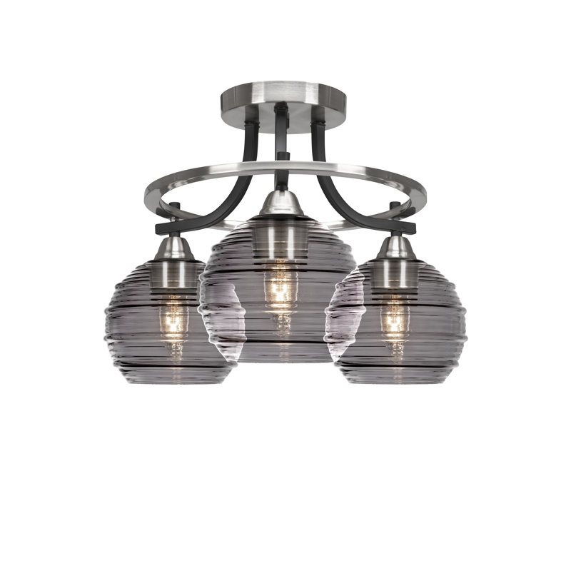 Plafonnier semi-encastré 3 lumières Gidja Paramount au fini nickel brossé avec verre nervuré de 6 po, Noir mat/nickel brossé