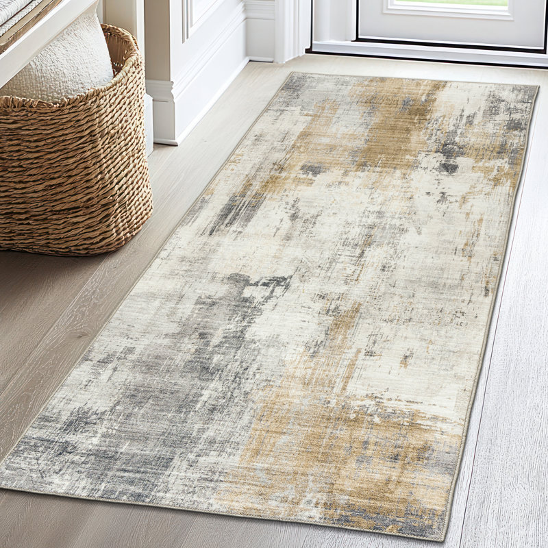 Mackeroy Quinn Abstract Beige Gray Ivory Machine Washable Area Rugs, Runner 2'6" x 6'