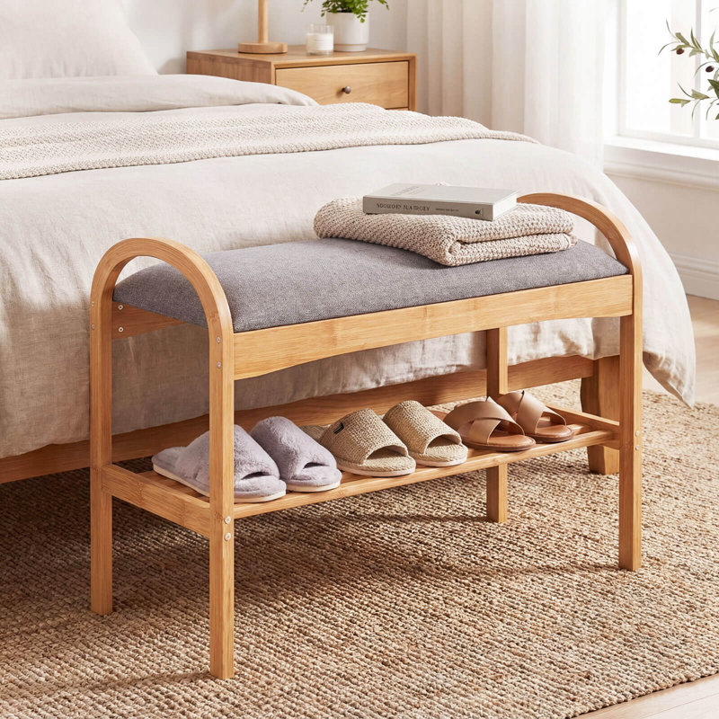 Bamboo Entryway Shoe Bench 2-Tier Shoe Rack with Padded Seat Cushion for Hallway