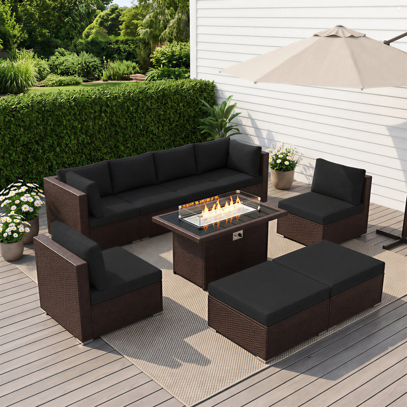 Ensemble de canapé modulaire en osier 9 pièces avec table de foyer et coussins de siège profond 9 pièces, Noir, Brun