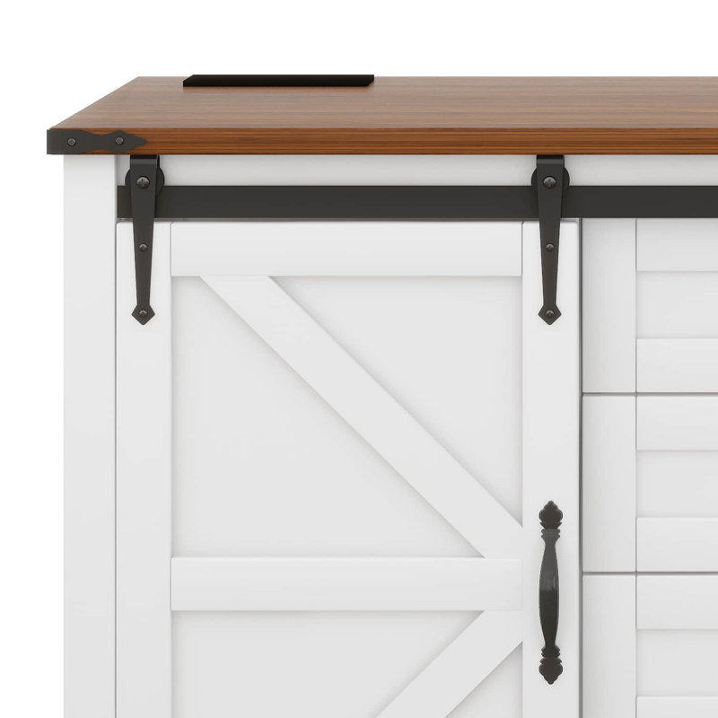 55.1-Inch Sideboard With Sliding Barn Doors And 4 Drawers, Cabinet Buffet Table With Built-In Power Outlet, Scratch-Resistant