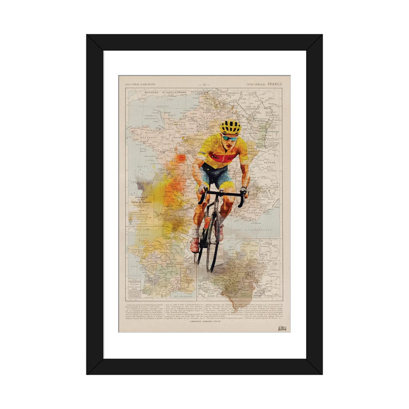 Tour de France, aquarelle, Papier avec cadre noir ouvert, Blanc, H 32 po x l 24 po x P 1 po