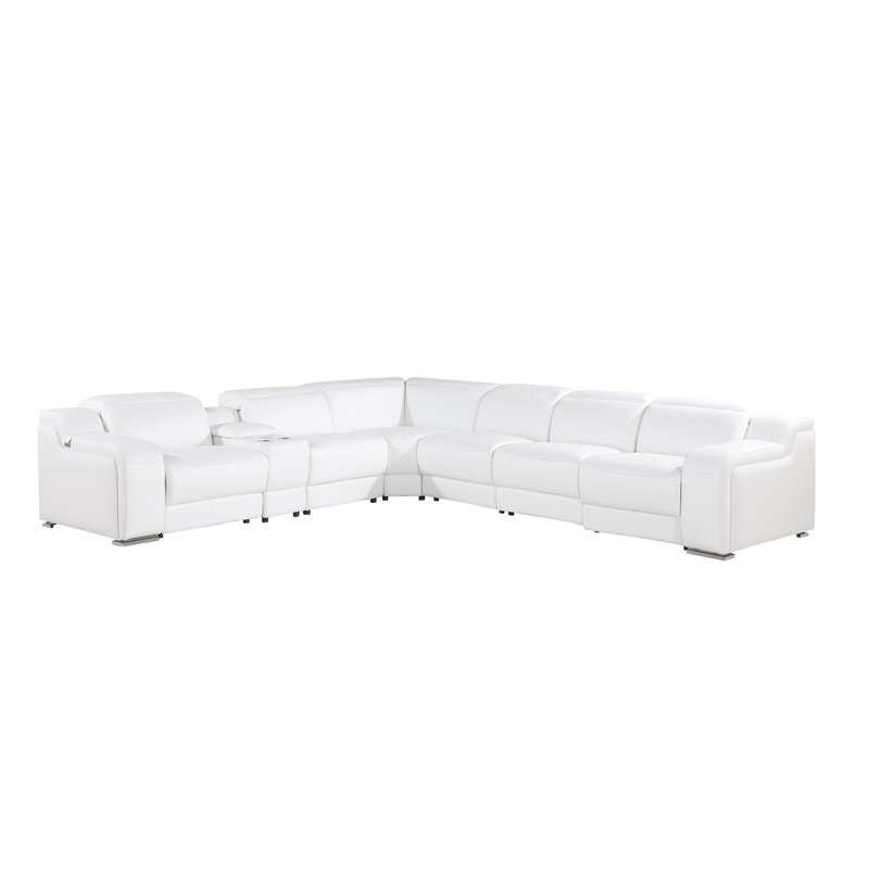 Stanphill 7 - Piece Top Italian Grain Leather Power Reclining Sectional, White Genuine Leather