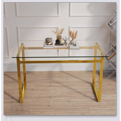 Table de salle à manger 51 pouces moderne en verre rectangulaire minimaliste pour 4 à 6 personnes, plateau en verre trempé et pieds en chrome doré, polyvalente pour la cuisine et le salon