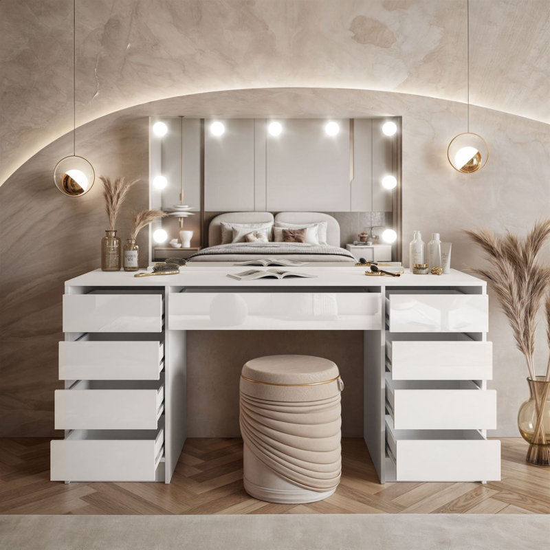 Dressing Table with Mirror, White Gloss