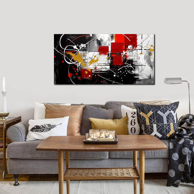 Abstract Wall Art For Living Room Black Canvas Wall Art Modern Grey Red Line Artwork For Bedroom Office Home Decor Canvas Prints 20X40 Inch