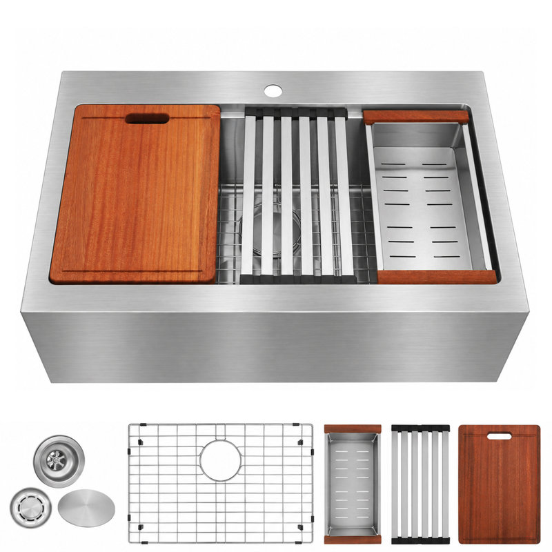  Évier de cuisine à tablier frontal en acier inoxydable de calibre 16 avec tablier frontal L 30 po x l 22 po avec accessoires