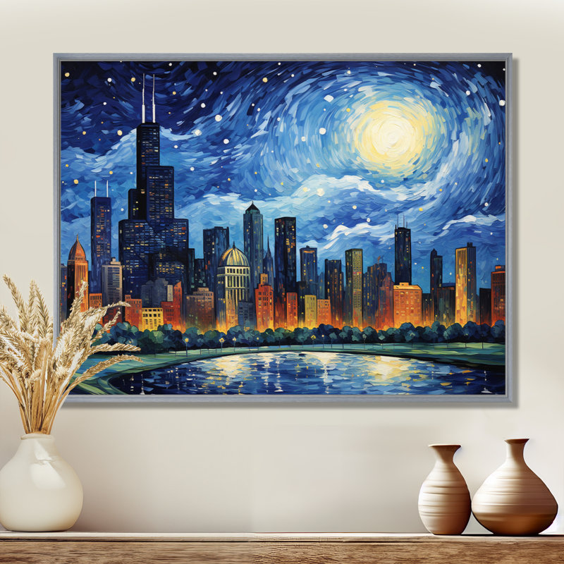 «Chicago The Starry Night», art mural sur toile Chicago, 16" H x 32" W, Encadrement argenté
