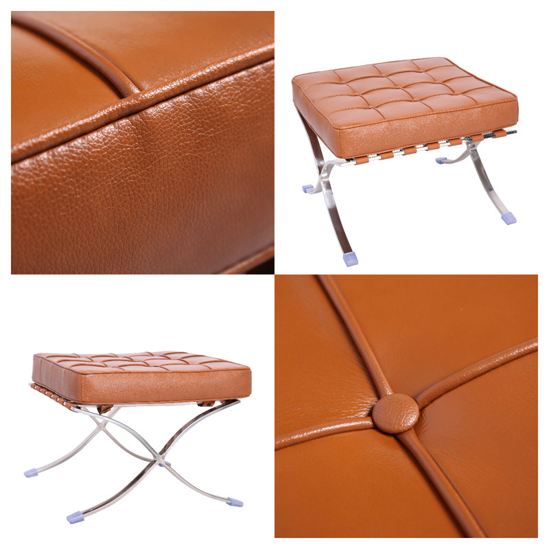 Classic Tufted Leather Ottoman with Stainless Steel  Frame, Genuine Leather