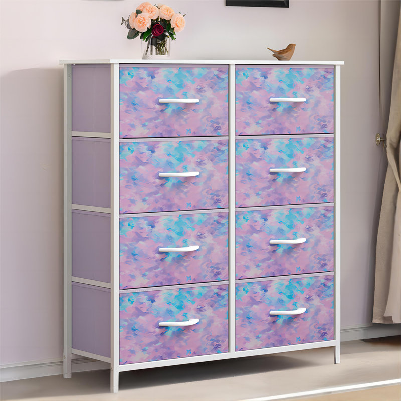 Kathiria 8 Drawer Double Fabric Dresser With Wood Grain Prints, Purple/White