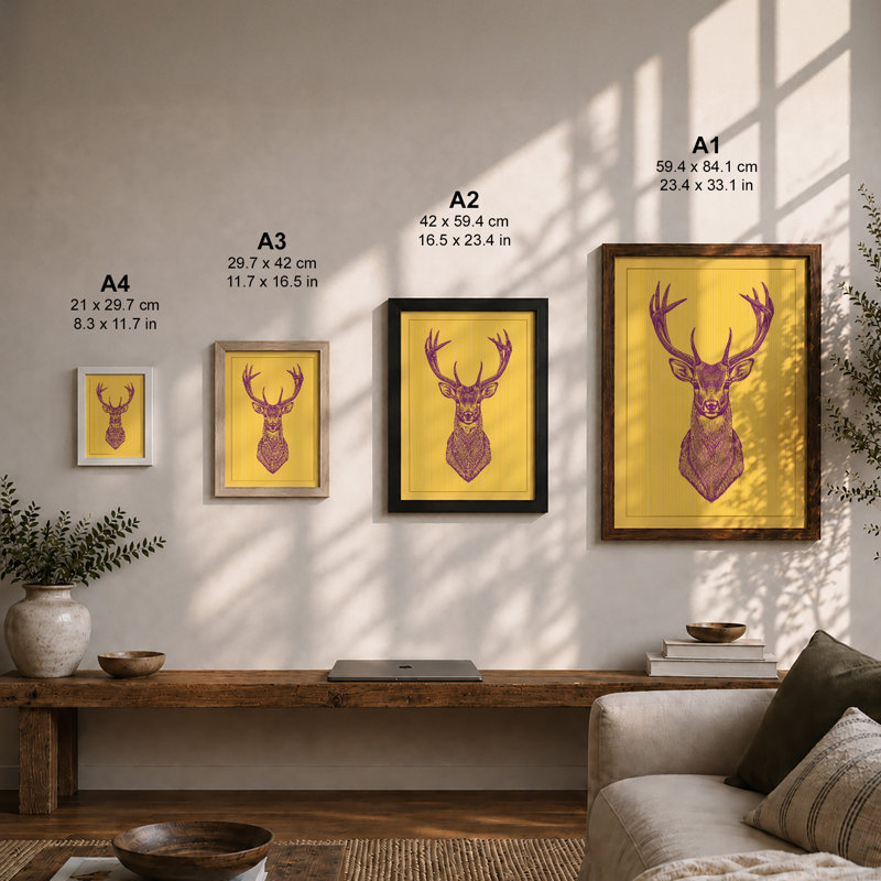 Purple Deer Mount Rustic - Framed Print, A1 - 84.1 x 59.4 cm, Oak