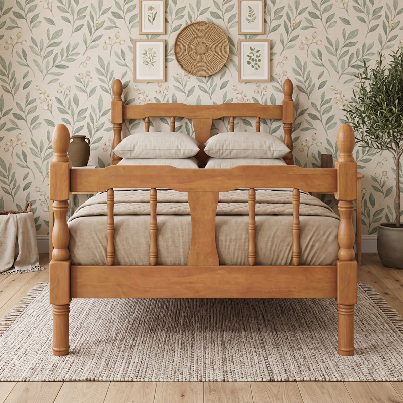 Lit plateforme en bois avec tête et pied de lit à fuseaux, Twin, Noyer clair