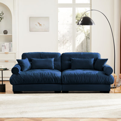 Grand coussin à deux places en velours bleu avec traversin rond confortable, coussins et coussins de taille