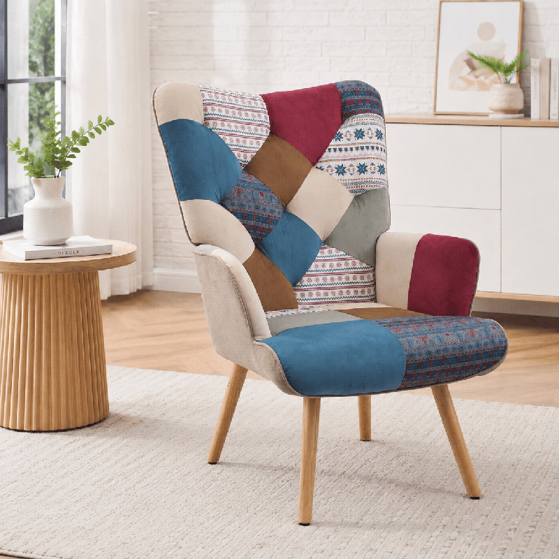 Fauteuil décoratif à haut dossier pour chambre et coin lecture Floral Patchwork, Strips/Navy Blue Polyester Blend