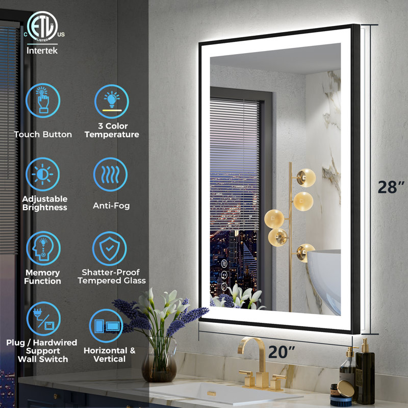Matte Black Matel Framed Vanity Mirror with Lights, Front-lit and Back-lit, Memory Function, 3 Color Temperatures, Dimmable Light & Anti-fog Tempered Glass ETL Listed LED Mirror