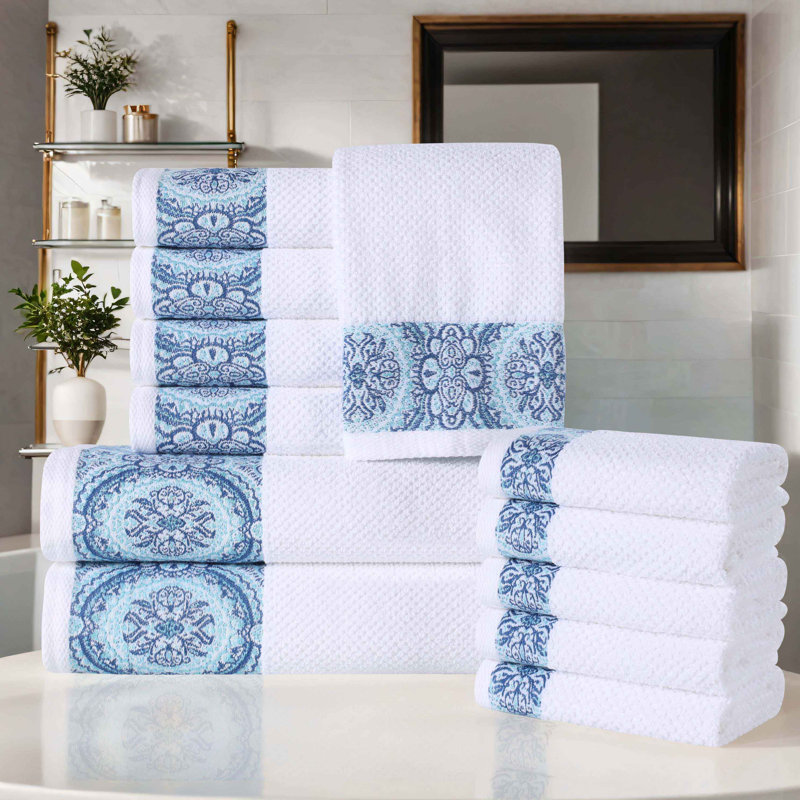 Ludwicka Medallion Cotton Jacquard Textured Soft Absorbent Assorted Bathroom Towel Set (Set of 12), Aqua