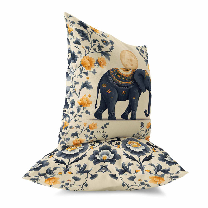 Coussin intérieur / extérieur Moonbeam Elephant, Carré 16 po, Jaune/gris