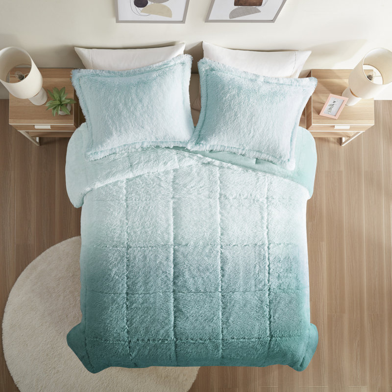 Malea Shaggy Faux Fur Ultra-Soft Comforter Set, Full/Queen Comforter + 2 Standard Shams, Aqua Ombre