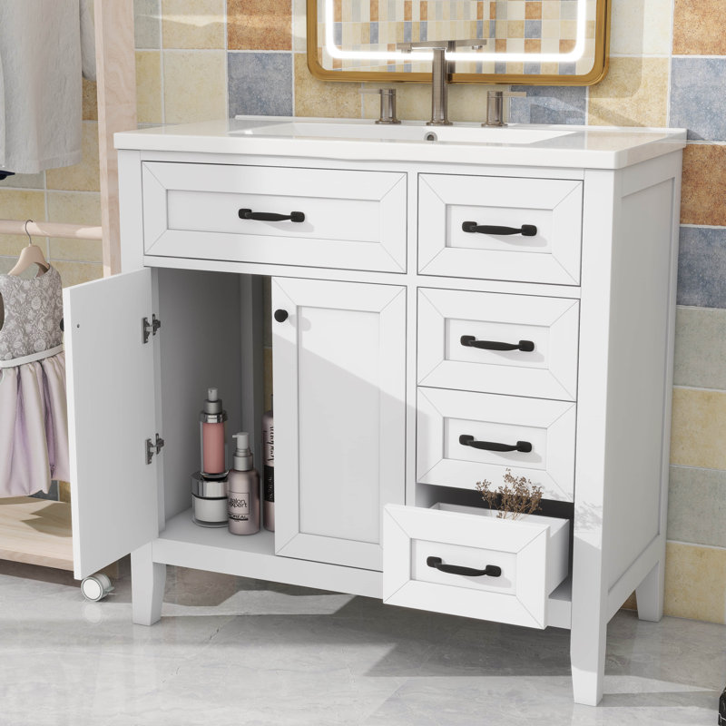 Meuble-lavabo de 36 po sans lavabo - Base d'armoire seulement équipée de tiroirs fonctionnels, Blanc