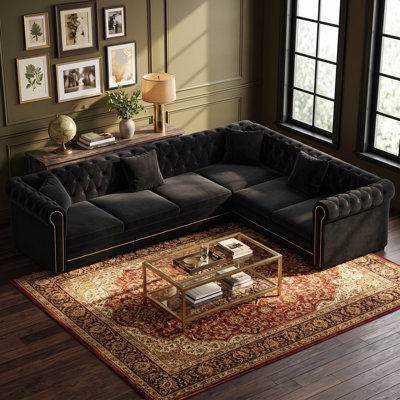 Rimer L-Shaped Velvet Chesterfield Sofa with Pull-Out Bed and Gold Trim