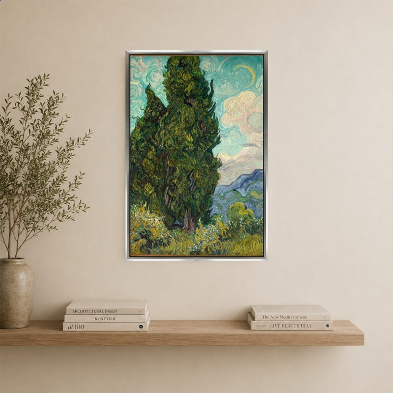 Cypress par Vincent Van Gogh - Impression sur toile, 27,5 po x 39,5 po / cadre biseauté / argent