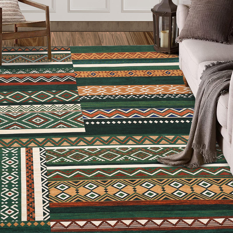 4x6 Washable Area Rug for Living Room Distressed Vintage Rug Non Slip Low Pile Neutral Soft Carpet Tribal Geometric Floor Cover for Bedroom Hallway Patchwork Office Carpet, Green