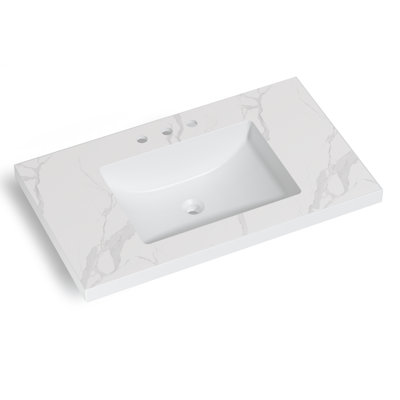 36" x 22" Solid Surface Bathroom Vanity Top in White with Integrated Rectangular Sink and 3 Faucet Holes