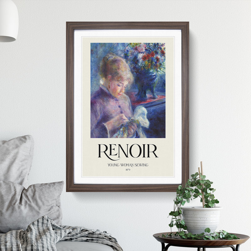 Young Woman Sewing by Pierre-Auguste Renoir - Picture Frame Painting, 48cm H x 36 cm W x 2cm D, Walnut Framed
